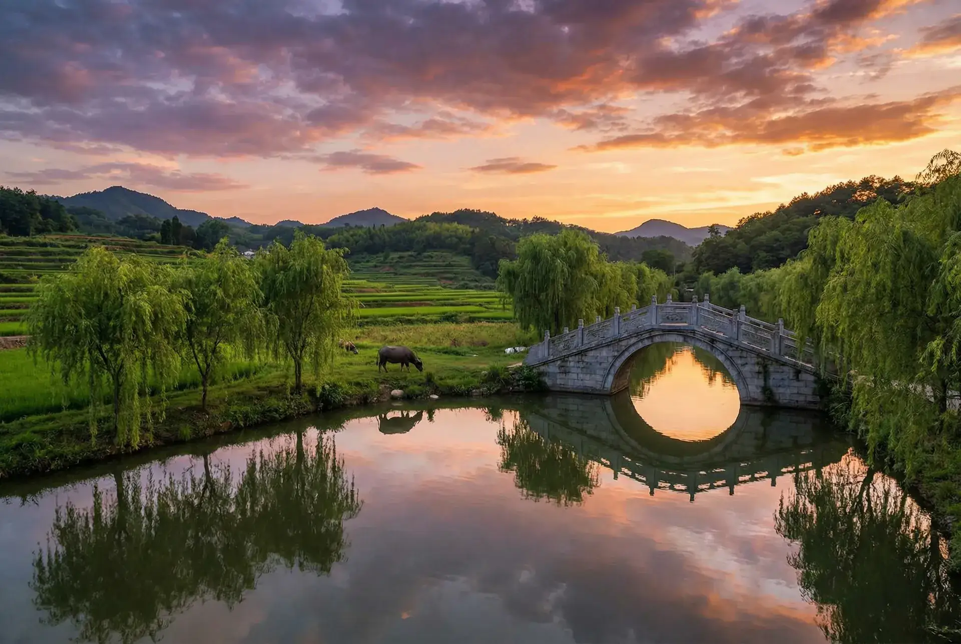 夕阳下的石拱桥与垂柳，水牛在河边吃草 - 三圾片在线观看 乡村美景